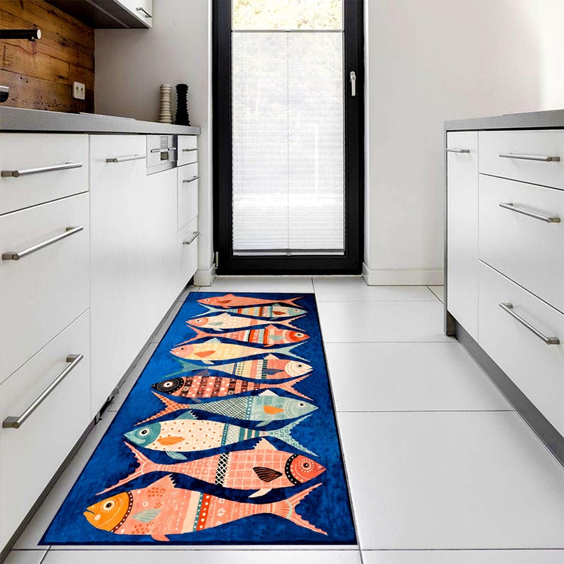 Blue Fish Kitchen Runner Rug: Colorful Seafood Carpet, Machine-Washable Non-Slip