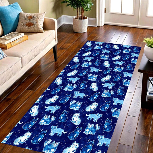 Blue Cat Runner Rug: Watercolor Kitty Hallway Carpet, Machine-Washable Non-Slip