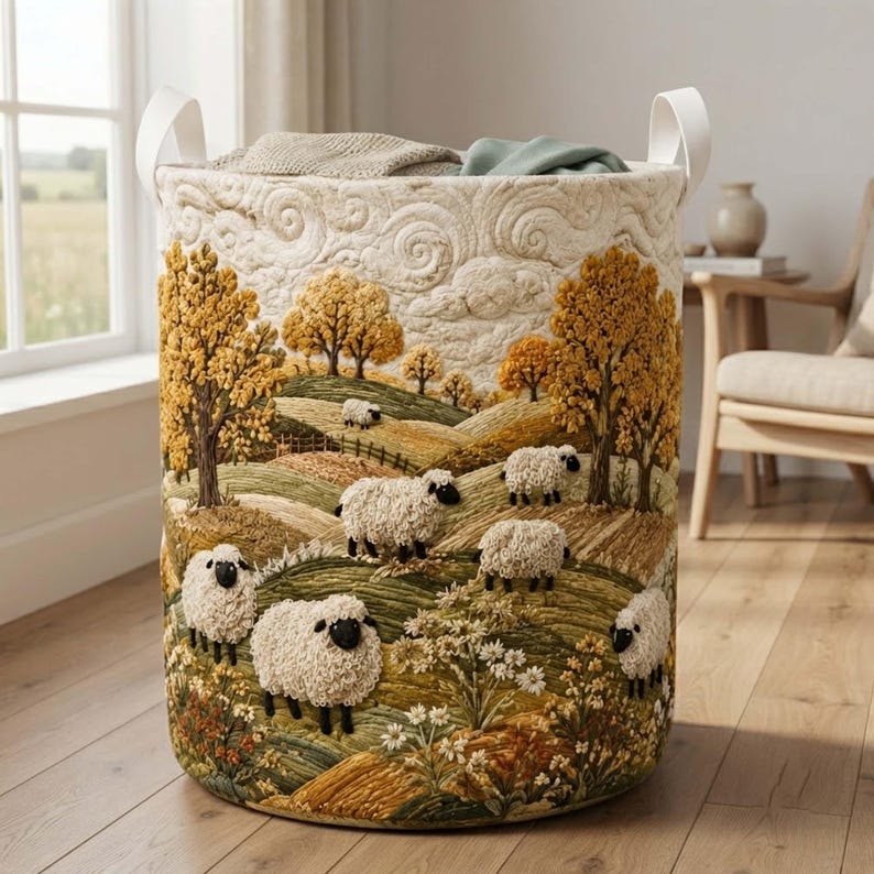 Sheep Heaven Quilted Laundry Basket: Countryside Farmhouse Hamper, Cute Sheep Storage Bin