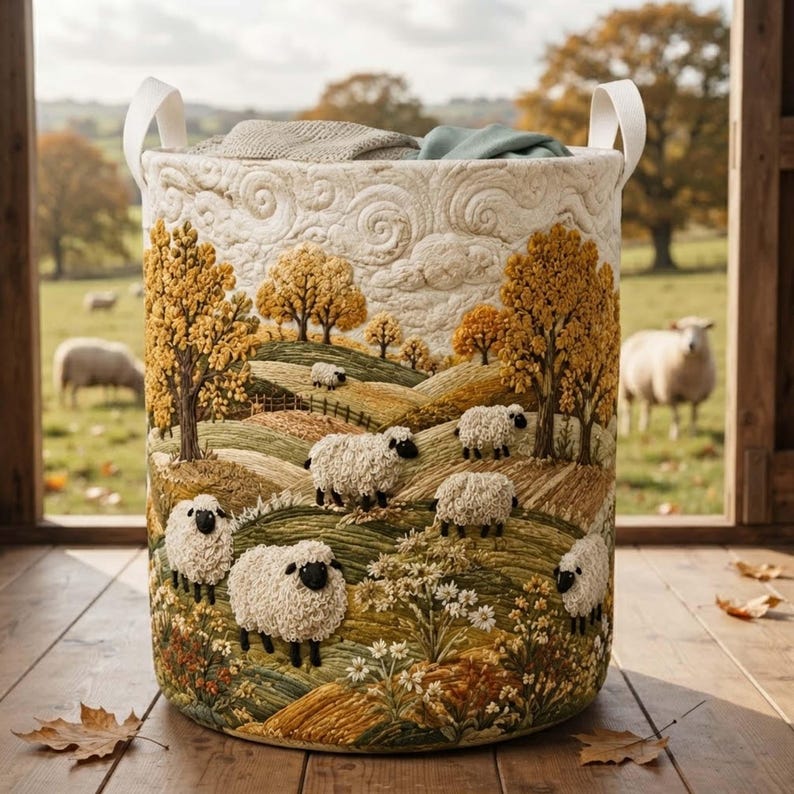 Sheep Heaven Quilted Laundry Basket: Countryside Farmhouse Hamper, Cute Sheep Storage Bin