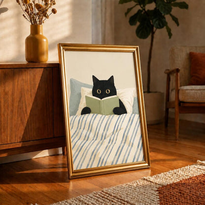 Black Cat Reading Wall Art, Funny Cat Print, Minimalist Bedroom Decor, Book Lover Gift, Cozy Cat Poster, Cat in Bed Illustration Art