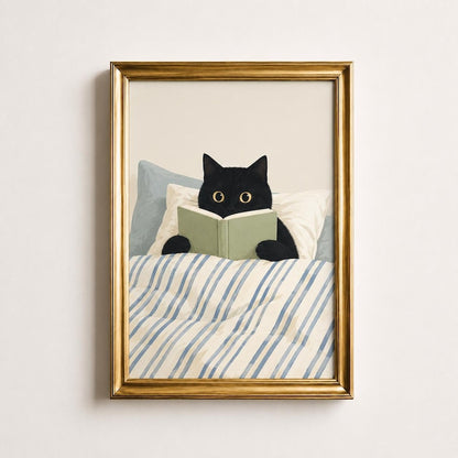 Black Cat Reading Wall Art, Funny Cat Print, Minimalist Bedroom Decor, Book Lover Gift, Cozy Cat Poster, Cat in Bed Illustration Art