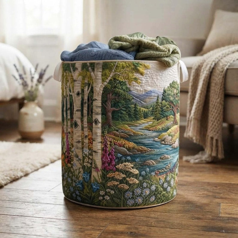 Birch Forest Quilted Laundry Basket Nature Woods Storage Bin, Quilt Fabric Hamper