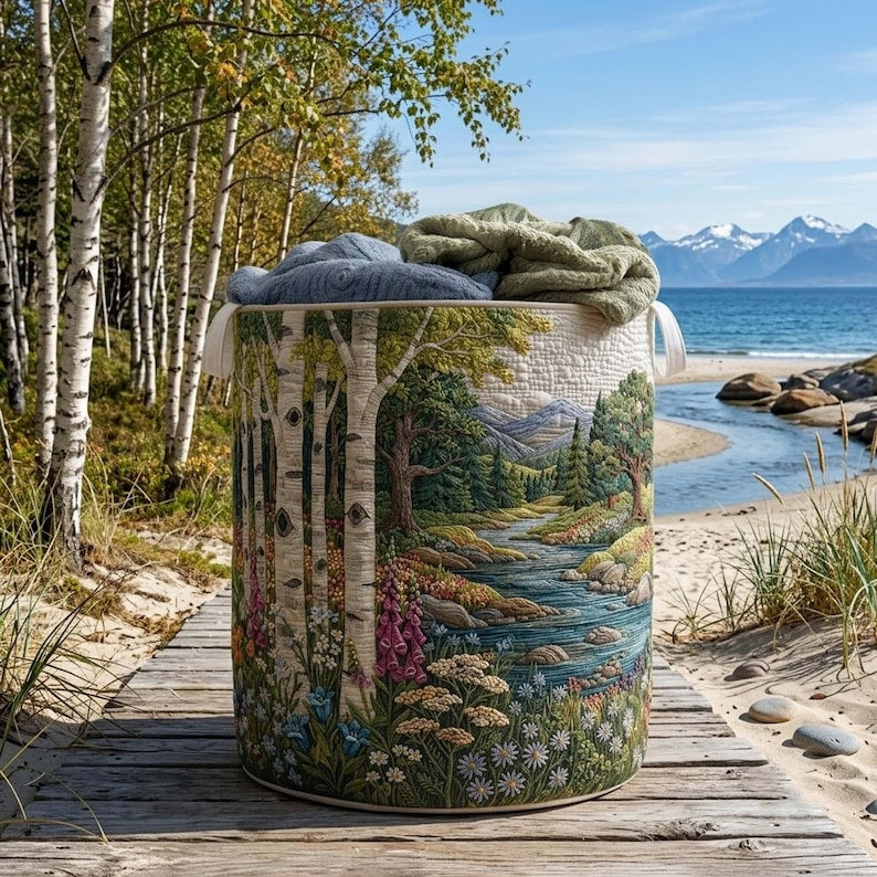 Birch Forest Quilted Laundry Basket Nature Woods Storage Bin, Quilt Fabric Hamper