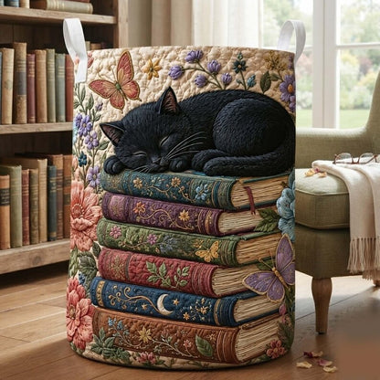 Bookish Cat Quilted Laundry Basket Library Kitten Storage Bin, Quilt Fabric Hamper