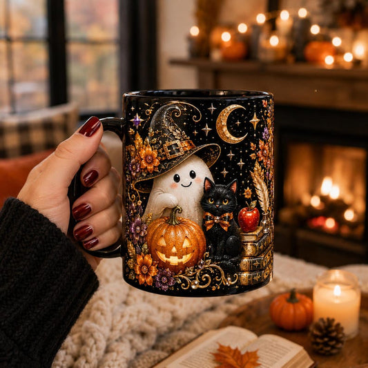 Halloween Mug, Cute Ghost And Black Cat Mug, Witchy Pumpkin Coffee Cup, Spooky Fall Mug, Autumn Gift For Her