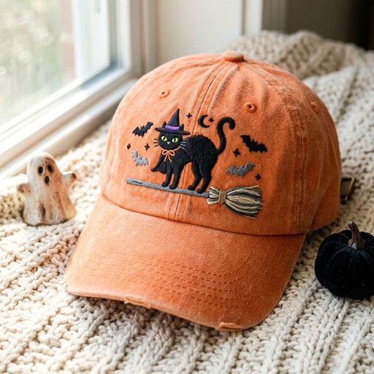 Washed Cotton Black Cat Halloween Baseball Cap – Witchy Vibes Embroidery