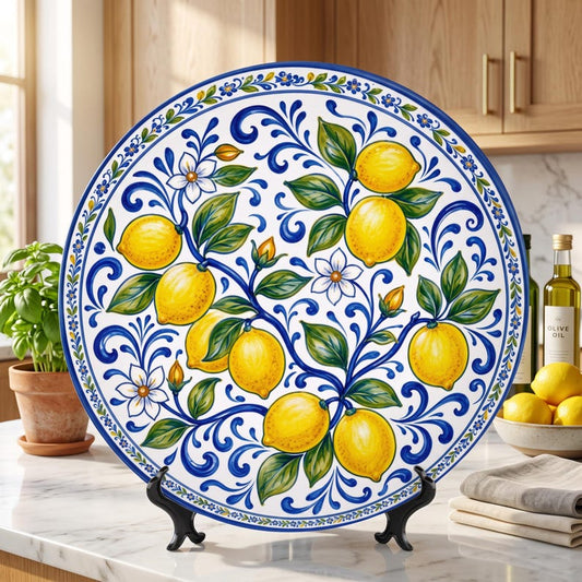 Sunny Lemon Scrollwork Display Plate Inspired by Positano Italy Home Accent