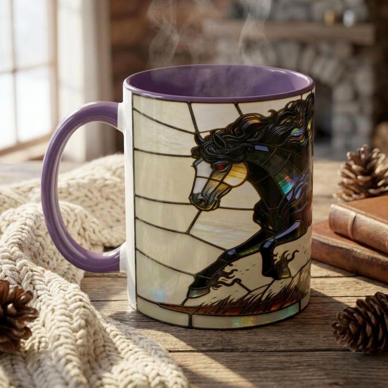 Stained Glass Horse Mug, Black Horse Coffee Mug, Horse Lover Gift, Equestrian Mug, Friesian Horse Gift, Horse Girl Gift, Unique Horse Mug
