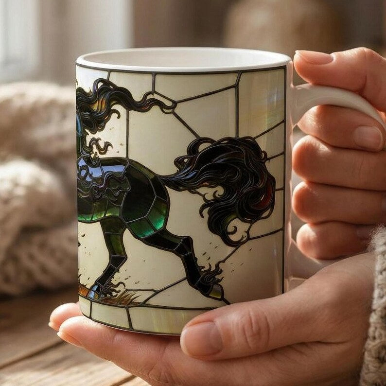 Stained Glass Horse Mug, Black Horse Coffee Mug, Horse Lover Gift, Equestrian Mug, Friesian Horse Gift, Horse Girl Gift, Unique Horse Mug