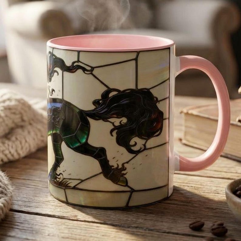 Stained Glass Horse Mug, Black Horse Coffee Mug, Horse Lover Gift, Equestrian Mug, Friesian Horse Gift, Horse Girl Gift, Unique Horse Mug