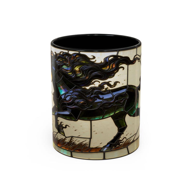 Stained Glass Horse Mug, Black Horse Coffee Mug, Horse Lover Gift, Equestrian Mug, Friesian Horse Gift, Horse Girl Gift, Unique Horse Mug