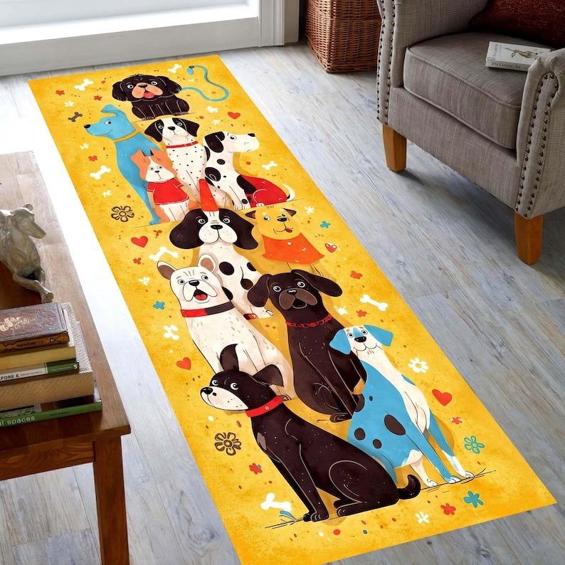 Whimsical Dog Parade Runner Rug: Yellow Cartoon Dogs Hallway Carpet, Non-Slip Machine-Washable