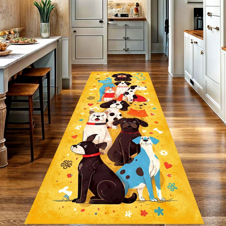 Whimsical Dog Parade Runner Rug: Yellow Cartoon Dogs Hallway Carpet, Non-Slip Machine-Washable
