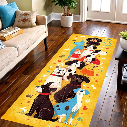 Whimsical Dog Parade Runner Rug: Yellow Cartoon Dogs Hallway Carpet, Non-Slip Machine-Washable