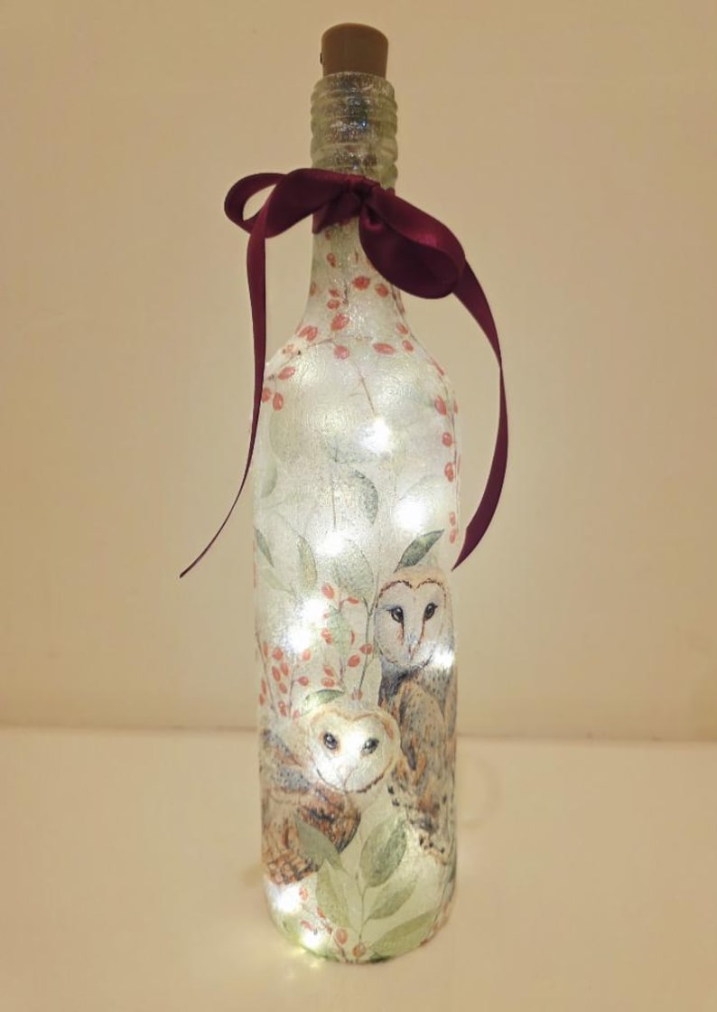 Barn Owl Bottle Lamp | Decoupage Rustic LED  Light | Woodland Decor Nature Gift