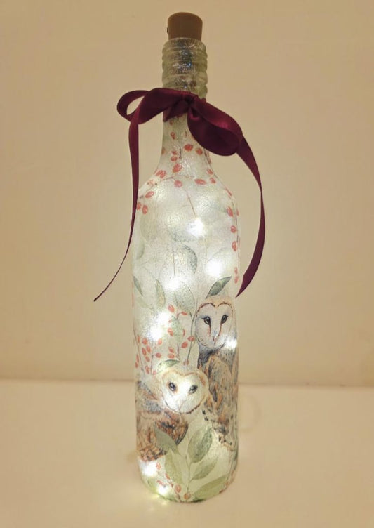 Barn Owl Bottle Lamp | Decoupage Rustic LED  Light | Woodland Decor Nature Gift