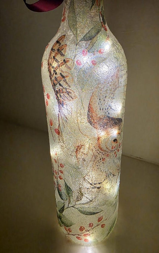 Barn Owl Bottle Lamp | Decoupage Rustic LED  Light | Woodland Decor Nature Gift