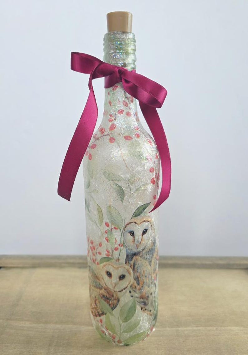 Barn Owl Bottle Lamp | Decoupage Rustic LED  Light | Woodland Decor Nature Gift