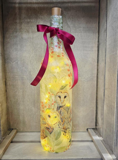 Barn Owl Bottle Lamp | Decoupage Rustic LED  Light | Woodland Decor Nature Gift