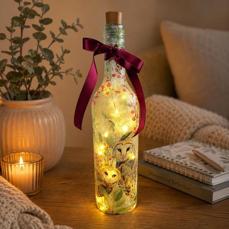 Barn Owl Bottle Lamp | Decoupage Rustic LED  Light | Woodland Decor Nature Gift