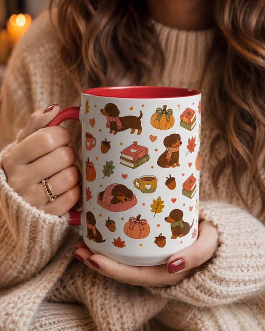 Autumn Dachshund Mug, Fall Book Lover Coffee Cup, Pumpkin Dog Halloween Books (11oz 15oz)