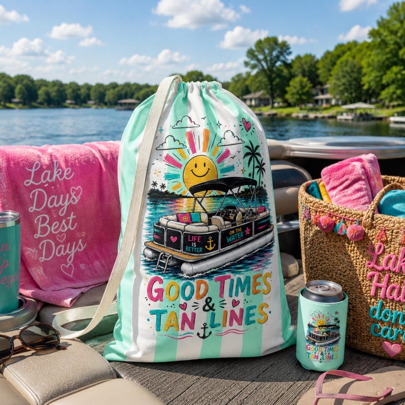 Pontoon Boat Bag, Beach Tote Laundry Bag, Good Times & Tan Lines Storage Sack, Lake House Gift, Boat Party Bag, Pool Bag, Big Oversized bag