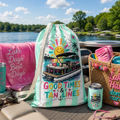 Pontoon Boat Bag, Beach Tote Laundry Bag, Good Times & Tan Lines Storage Sack, Lake House Gift, Boat Party Bag, Pool Bag, Big Oversized bag