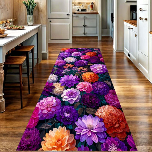 Dark Dahlia Floral Runner Rug: Purple Orange Botanical Hallway Carpet, Non-Slip Machine-Washable