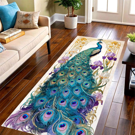 Peacock Runner Rug: Art Nouveau Bird Hallway Carpet, Non-Slip Machine-Washable