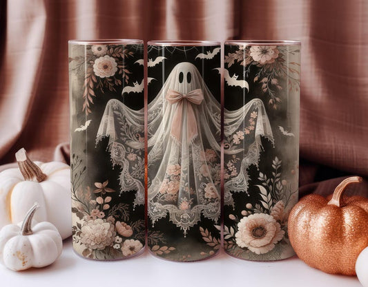 Halloween White Lace Ghost Tumbler, Halloween Ghost 20oz Tumbler, Halloween Teacher Cup