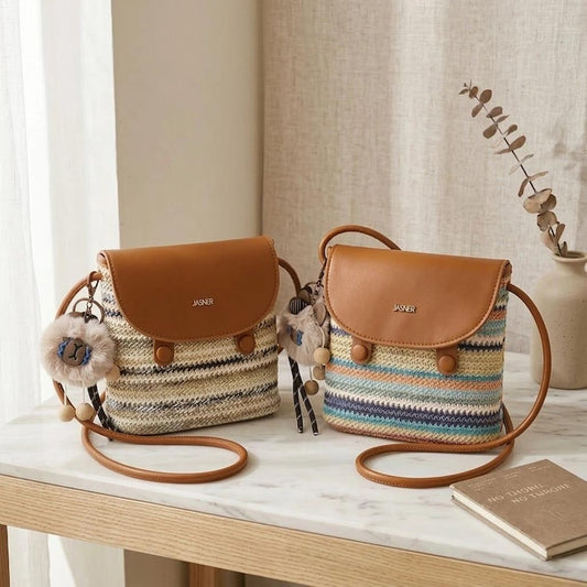Woven Crossbody Bag, Straw Summer Purse, Boho Shoulder Bag, Vegan Leather Trim