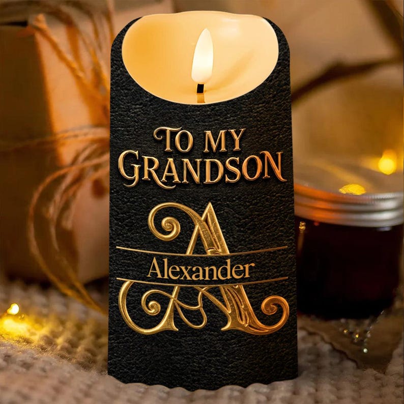 Personalized To My Grandson Never Forget How Much I Love You LED Candle, Black Gold Keepsake Gift From Grandpa, Inspirational Love Candle