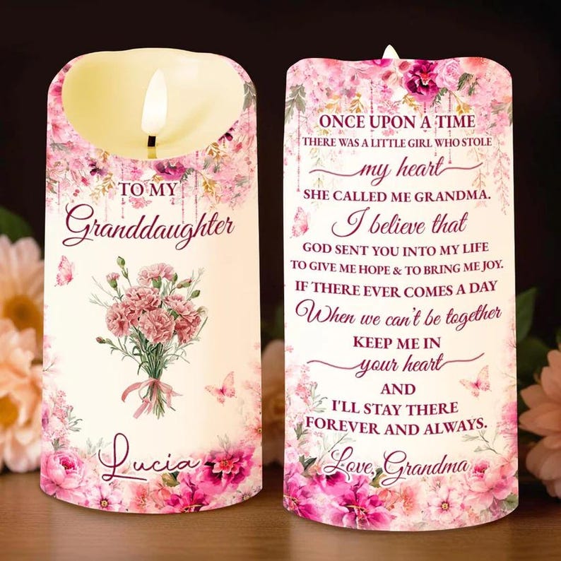 To My Granddaughter LED Candle, Custom Name Floral Keepsake Gift From Grandma, Religious Love Candle For Her, Birthday Gift