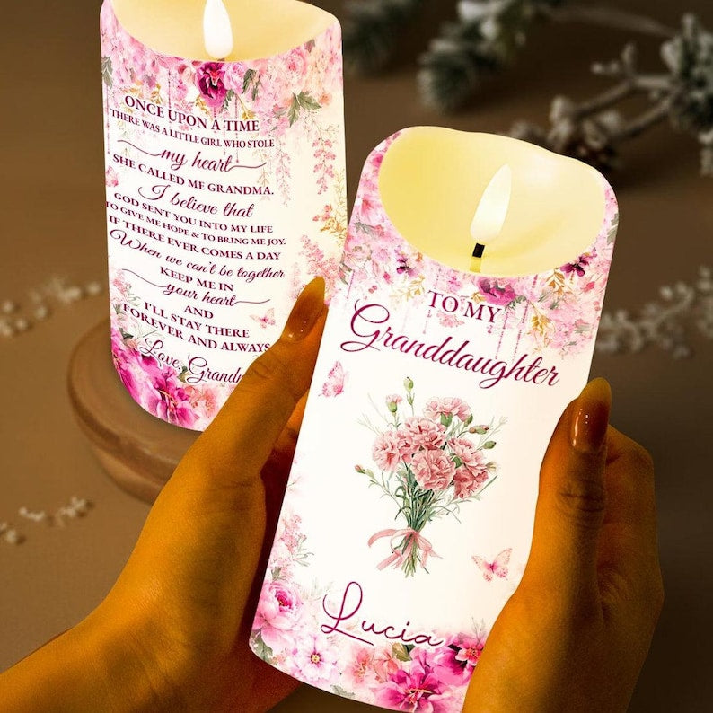 To My Granddaughter LED Candle, Custom Name Floral Keepsake Gift From Grandma, Religious Love Candle For Her, Birthday Gift
