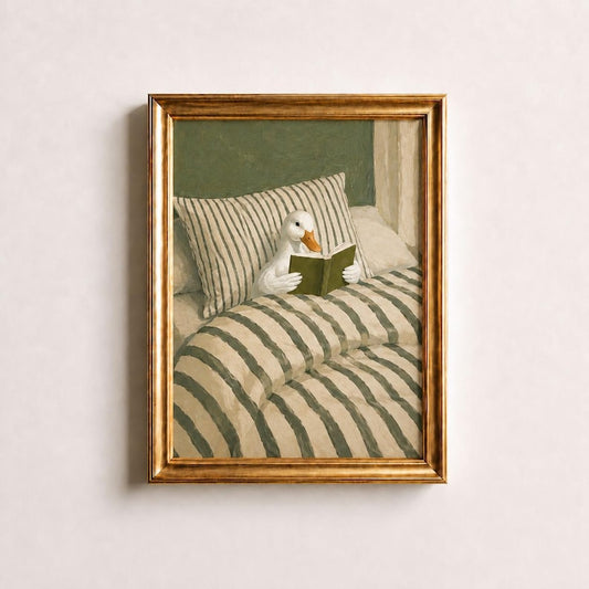Duck Reading Book Oil Painting Print, Cute Duck in Bed Wall Art, Cottagecore Bedroom Decor, Book Lover Gift, Whimsical Duck Poster