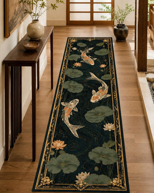 Koi Fish Lotus Runner Rug, Japanese Zen Pond Hallway Carpet, Dark Teal Gold Art Deco Border, Chinoiserie Kitchen Mat, Entryway Long Rug