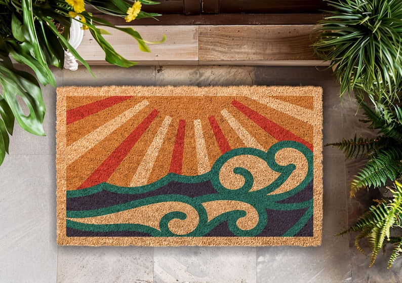 Abstract Ocean Coir Doormat, Coastal Welcome Mat
