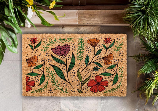 Floral Coir Doormat, Vintage Spring Flowers, Housewarming Gift