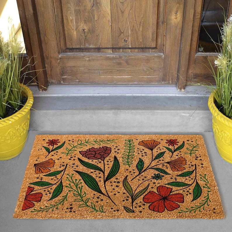 Floral Coir Doormat, Vintage Spring Flowers, Housewarming Gift