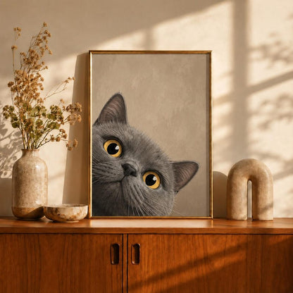 Funny Gray Cat Wall Art, Curious Cat Print, Cute Cat Face Poster, Vintage Sage Green Decor, Gray Cat Lover Gift, Quirky Cat Art Print