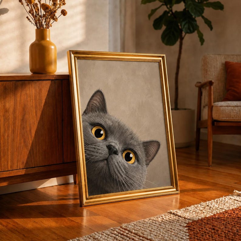 Funny Gray Cat Wall Art, Curious Cat Print, Cute Cat Face Poster, Vintage Sage Green Decor, Gray Cat Lover Gift, Quirky Cat Art Print