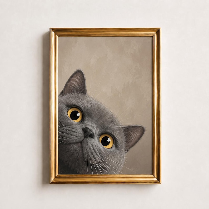 Funny Gray Cat Wall Art, Curious Cat Print, Cute Cat Face Poster, Vintage Sage Green Decor, Gray Cat Lover Gift, Quirky Cat Art Print