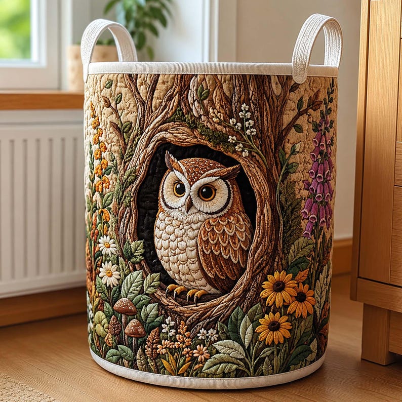 Forest Owl Quilted Laundry Basket: Whimsical Owl Clothes Hamper, Housewarming Gifts