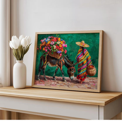 Mexican Floral Donkey Wall Art, Latina Flower Market Folk Art, Vibrant Cultural Serape Print, Mexico Decor, Colorful Latin American Painting