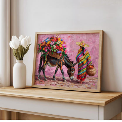 Mexican Floral Donkey Wall Art, Latina Flower Market Folk Art, Vibrant Cultural Serape Print, Mexico Decor, Colorful Latin American Painting