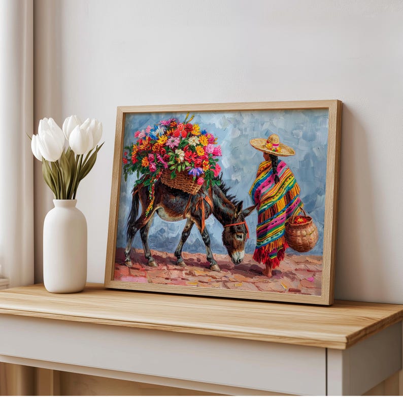 Mexican Floral Donkey Wall Art, Latina Flower Market Folk Art, Vibrant Cultural Serape Print, Mexico Decor, Colorful Latin American Painting