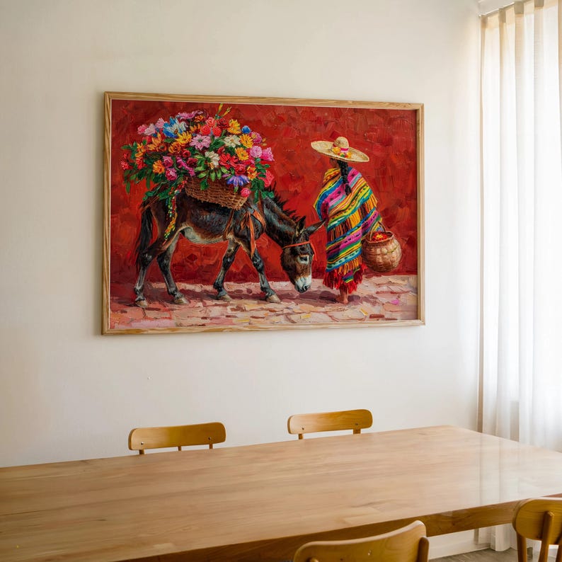 Mexican Floral Donkey Wall Art, Latina Flower Market Folk Art, Vibrant Cultural Serape Print, Mexico Decor, Colorful Latin American Painting