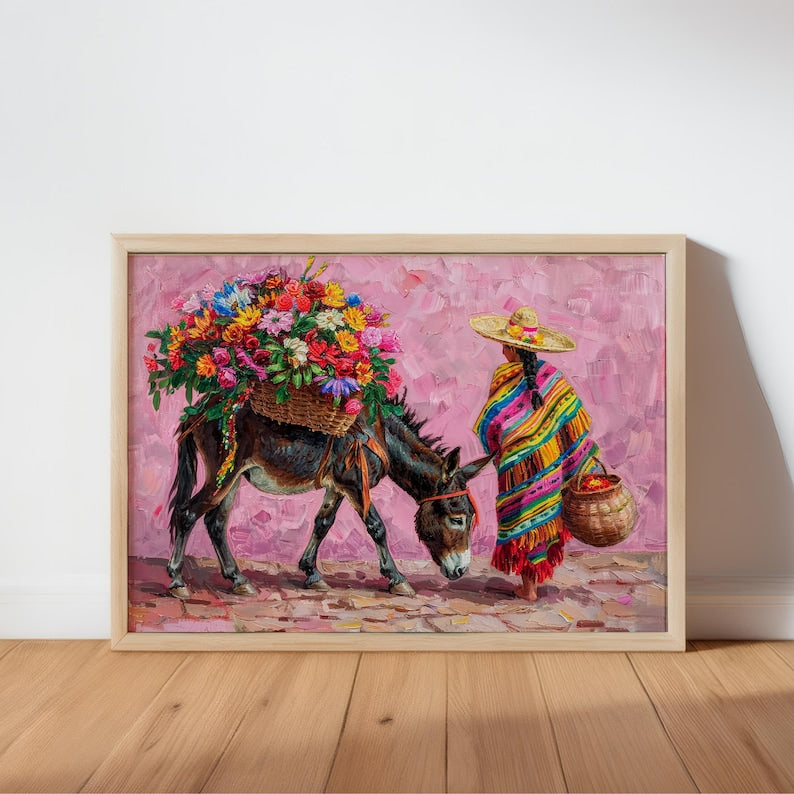 Mexican Floral Donkey Wall Art, Latina Flower Market Folk Art, Vibrant Cultural Serape Print, Mexico Decor, Colorful Latin American Painting