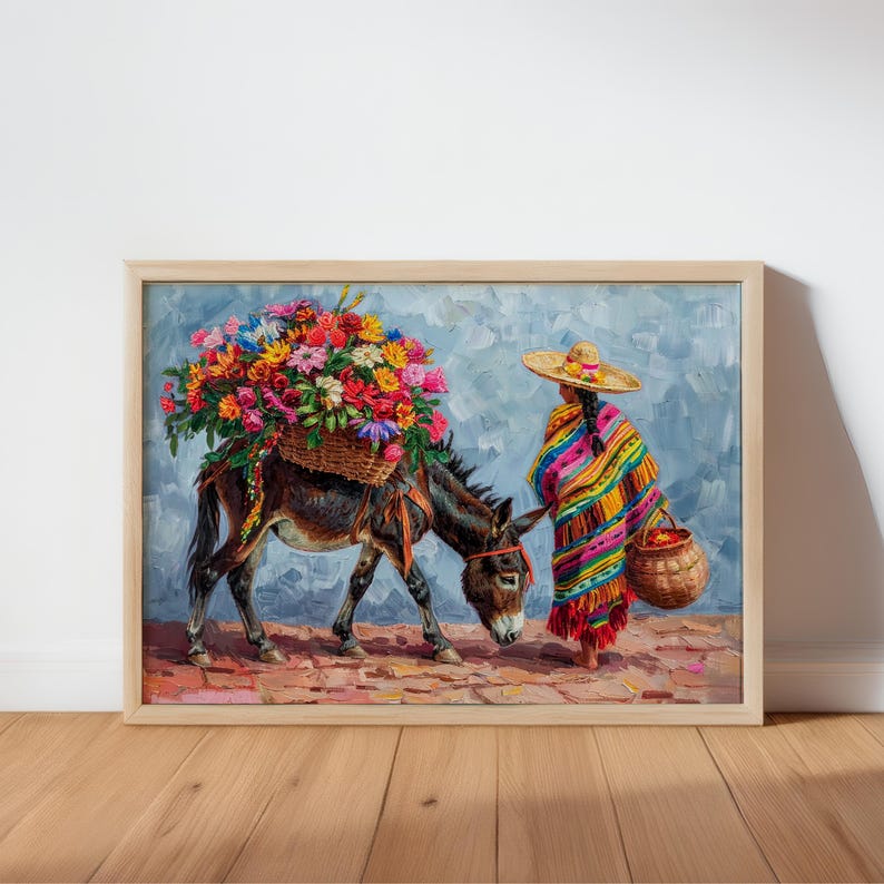 Mexican Floral Donkey Wall Art, Latina Flower Market Folk Art, Vibrant Cultural Serape Print, Mexico Decor, Colorful Latin American Painting